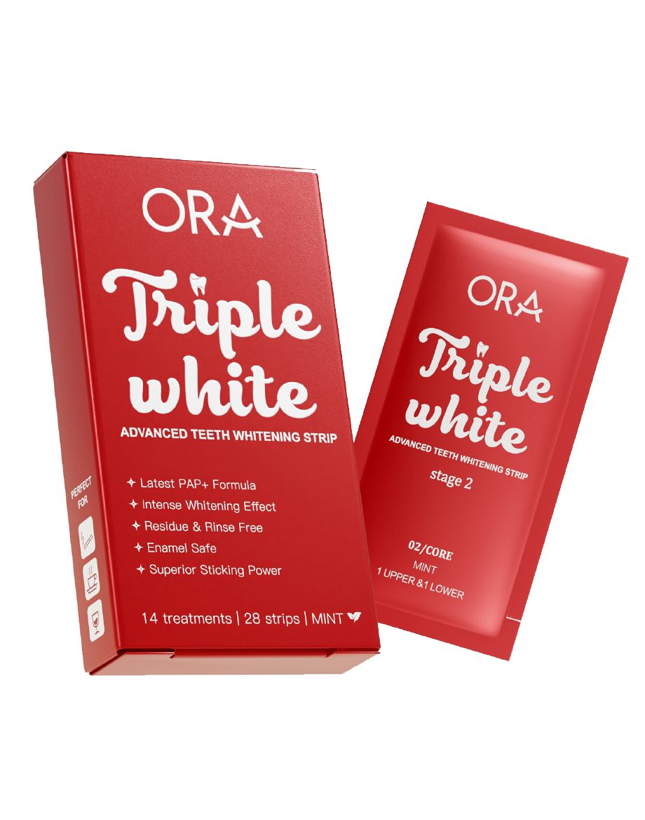 ORA Triple White teeth whitening strips packaging on a beige background