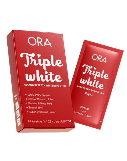ORA Triple White teeth whitening strips packaging on a beige background